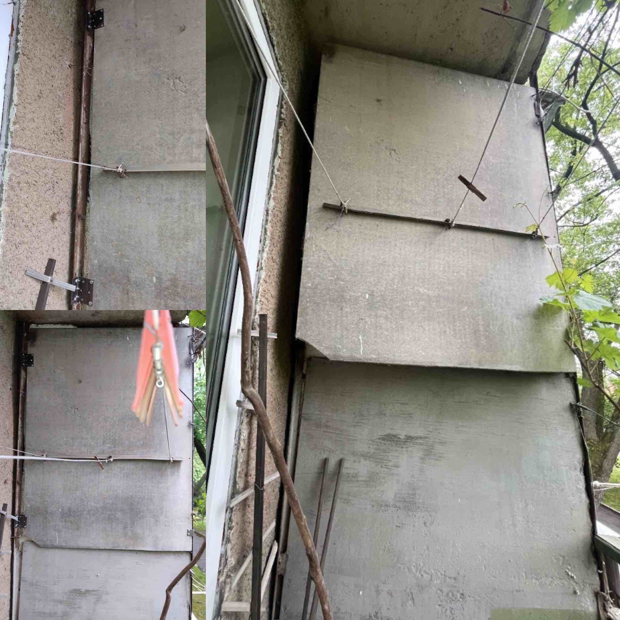 Фото Ремонт балконного обшиття (до/після)
Виконано частковий ремонт зовнішньої обшивки балкону:

Посилення металевого каркасу

Закріплення  плит

Тимчасове армування за допомогою дротяних стяжок


Мета — відновлення герметичності та первинної форми обшиття без повного демонтажу старої конструкції

