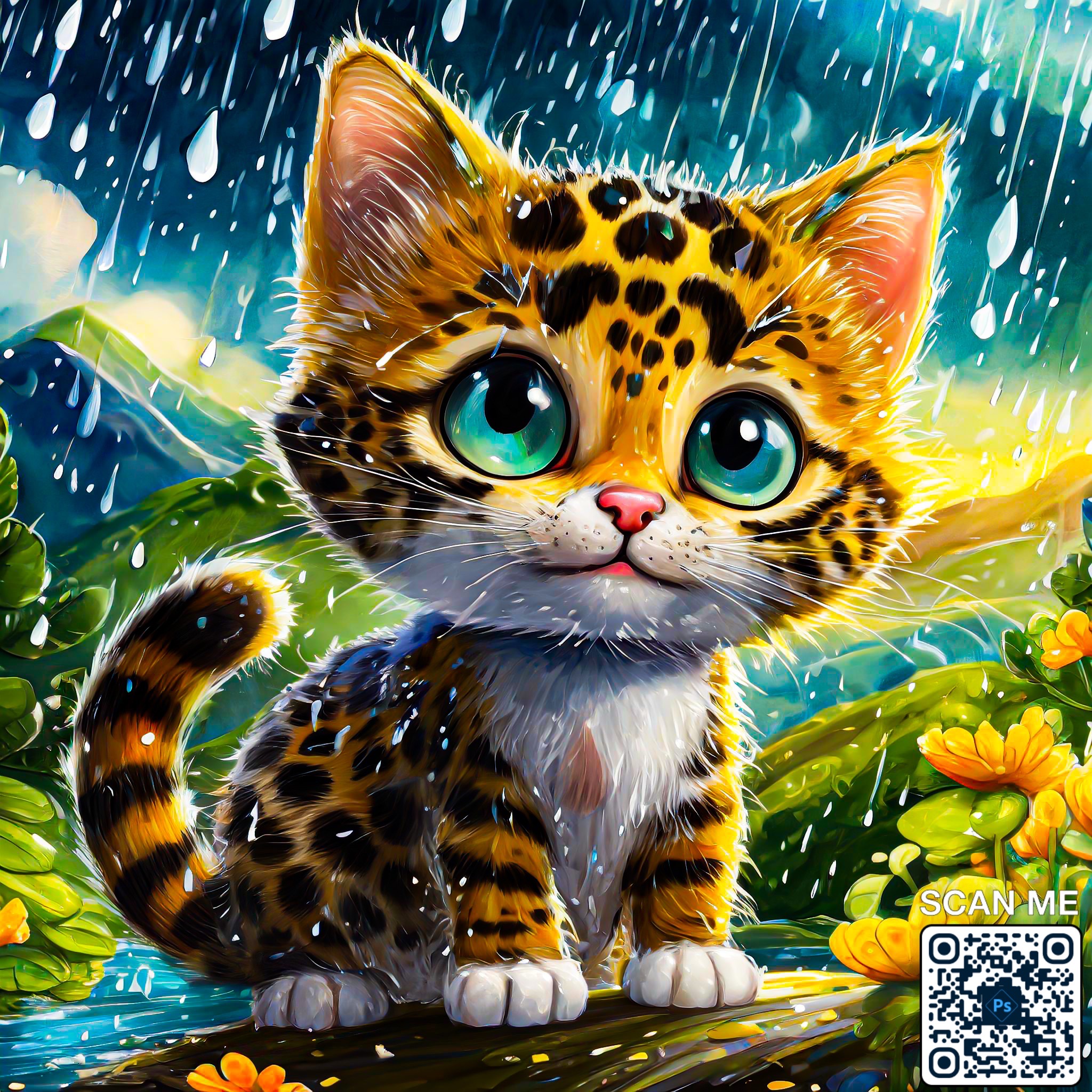 Фото Етапи створення:
1.  Концепт та референси (3–5 хв) Вибрала стиль: «cute baby big-eyed leopard kitten, Pixar/Disney style, highly detailed, cinematic lighting». Знайшла референси мокрих котиків, леопардового забарвлення та дощової атмосфери.
2.  Написання промпту (5–10 хв) Складний детальний промпт (ймовірно 150–300 токенів), де вказала:
	•  Породу/забарвлення (leopard kitten)
	•  Емоцію та міміку (сумний, але милий погляд)
	•  Умови (сильний дощ, мокре хутро, краплі води)
	•  Стиль (cinematic, vibrant colors, volumetric lighting, fantasy jungle background)
	•  Якість (8k, ultra detailed, sharp focus, masterpiece )
3.  Генерація в AI (10–25 хв)  використовувала Flux.1 (Dev або Pro) найкраще справляється з таким рівнем деталізації хутра, очей і води. Зробила 4–8 генерацій, поки не отримала вдалу композицію. Потім Upscale + Variation (Subtle/Strong).