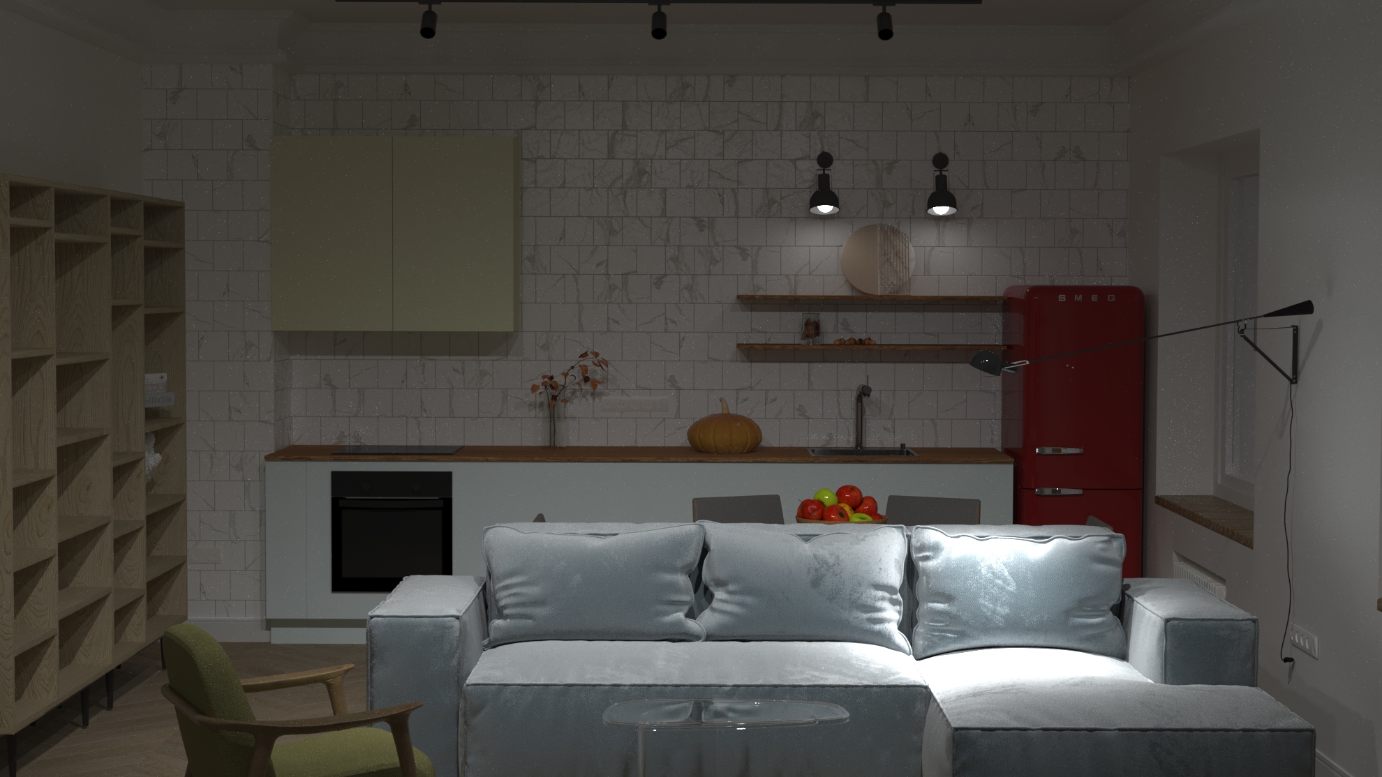 Фото 3d визуализация в программе 3ds max. Подбор мебели и материалов. Проработка разных сценариев освещения.