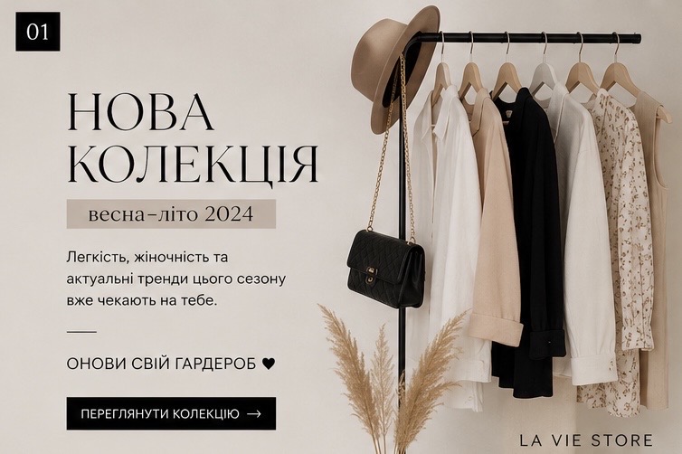 Фото Розробка рекламного посту для презентації нової колекції одягу LA VIE STORE. Створено текст, заголовок та заклик до перегляду колекції. Візуал побудований у мінімалістичній стилістиці бренду.