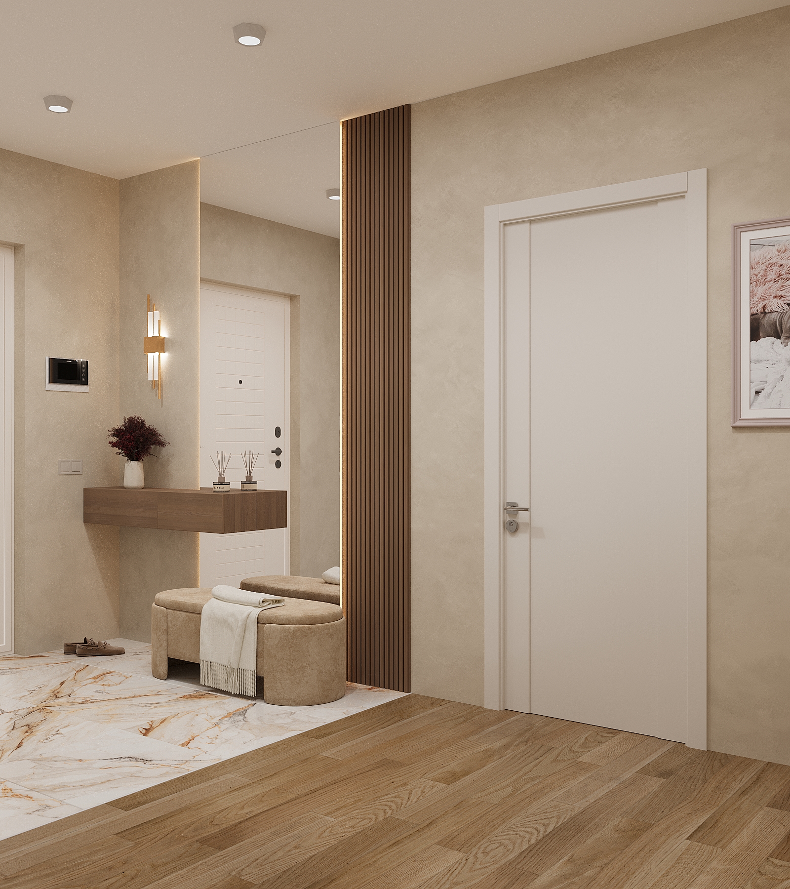 Фото 3-D візуалізація передпокою. Виконано за допомогою 3ds Max + Corona Render. Більше ракурсів у моєму профілі в інстаграм https://www.instagram.com/tb_3dvisualizer?igsh=dTQ1NDBqcnd0Ymxu