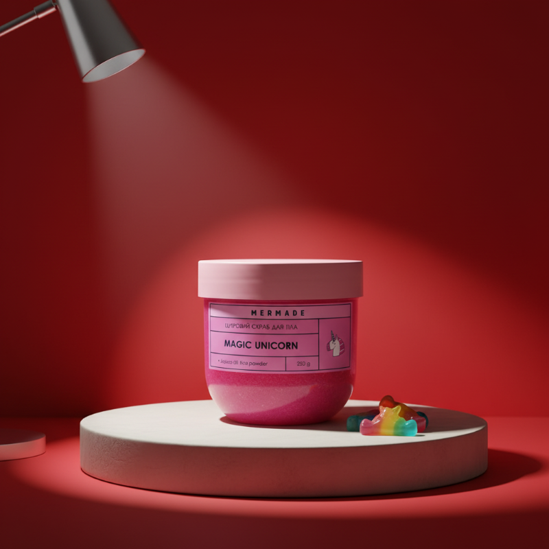 Фото Розробка композиції зі скрабом «Mermade Magic Unicorn» на білому круглому подіумі.
Налаштування акцентного освітлення від настільної лампи для створення чітких тіней та виділення продукту.
