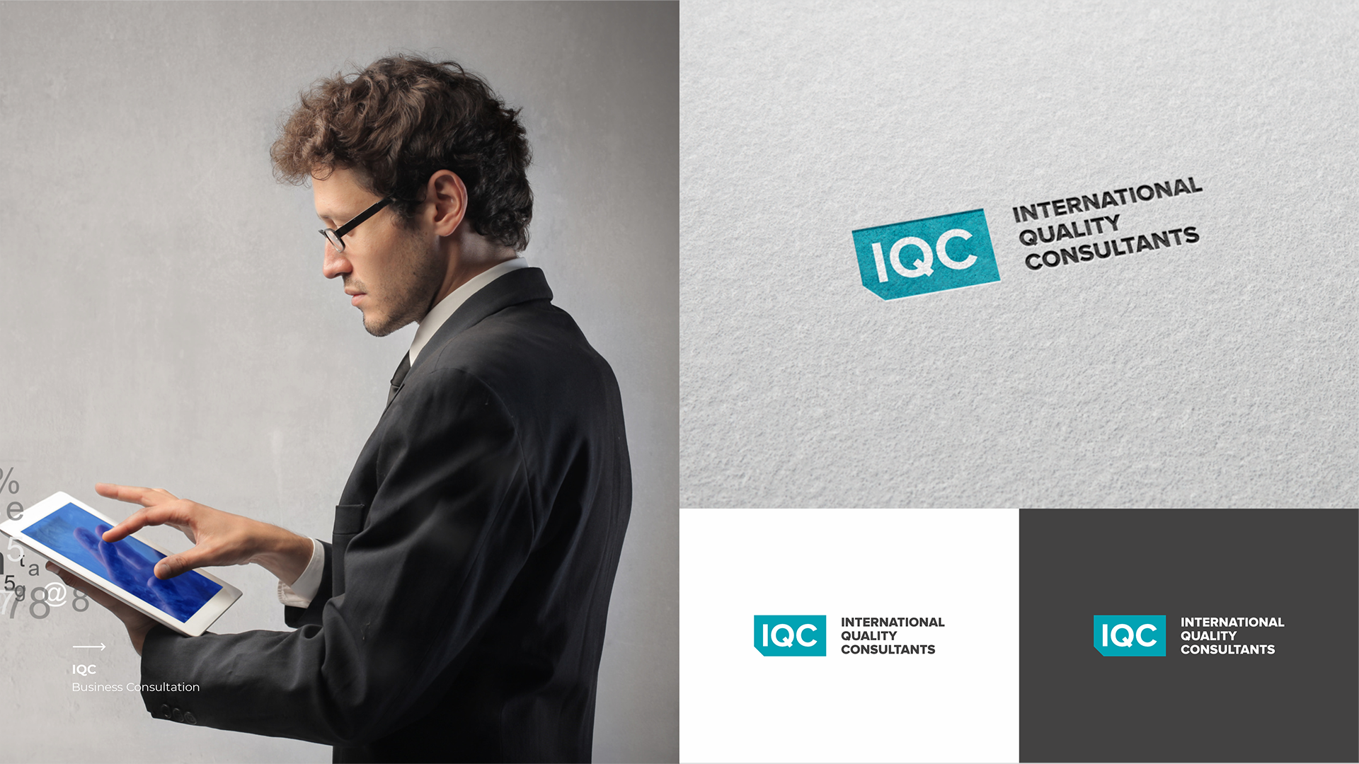 Фото Розробка професійного логотипа для IQC (International Quality Consultants) — міжнародної компанії у сфері бізнес-консалтингу та управління якістю. Концепція дизайну базується на мінімалізмі, чіткій геометрії та сучасній типографіці. Поєднання бірюзового, чорного та білого кольорів підкреслює надійність, професіоналізм і міжнародний характер бренду. Логотип адаптований для використання на вебсайті, у корпоративній документації, презентаціях, рекламних матеріалах та цифрових комунікаціях.