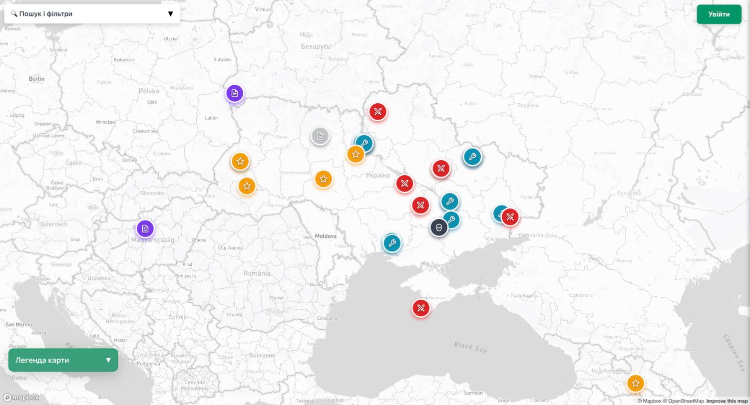 Фото Дипломний проєкт (КПІ, 2025): інтерактивна карта військової історії України. Події та битви на карті, пошук і фільтри за датами та типами, додавання й редагування записів користувачами. React, Node.js, SQLite, Mapbox.