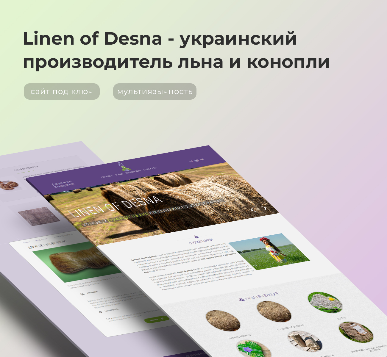 Фото Сайт под ключ, для компании, занимающейся переработкой льна. 3 языковые версии