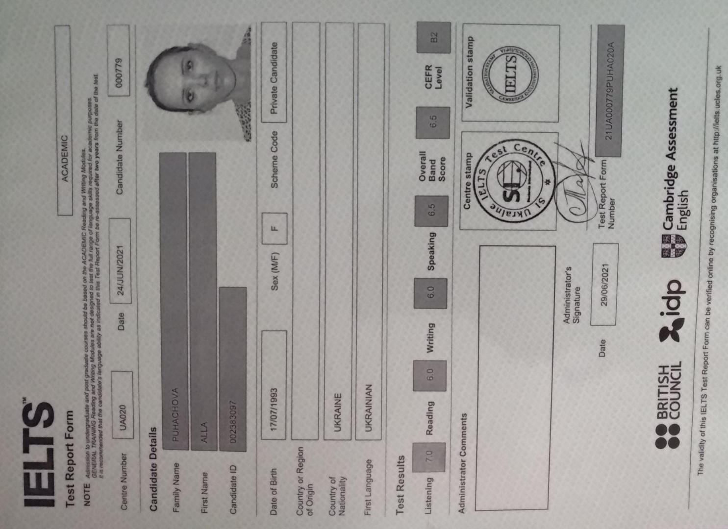 Фото IELTS certificate.