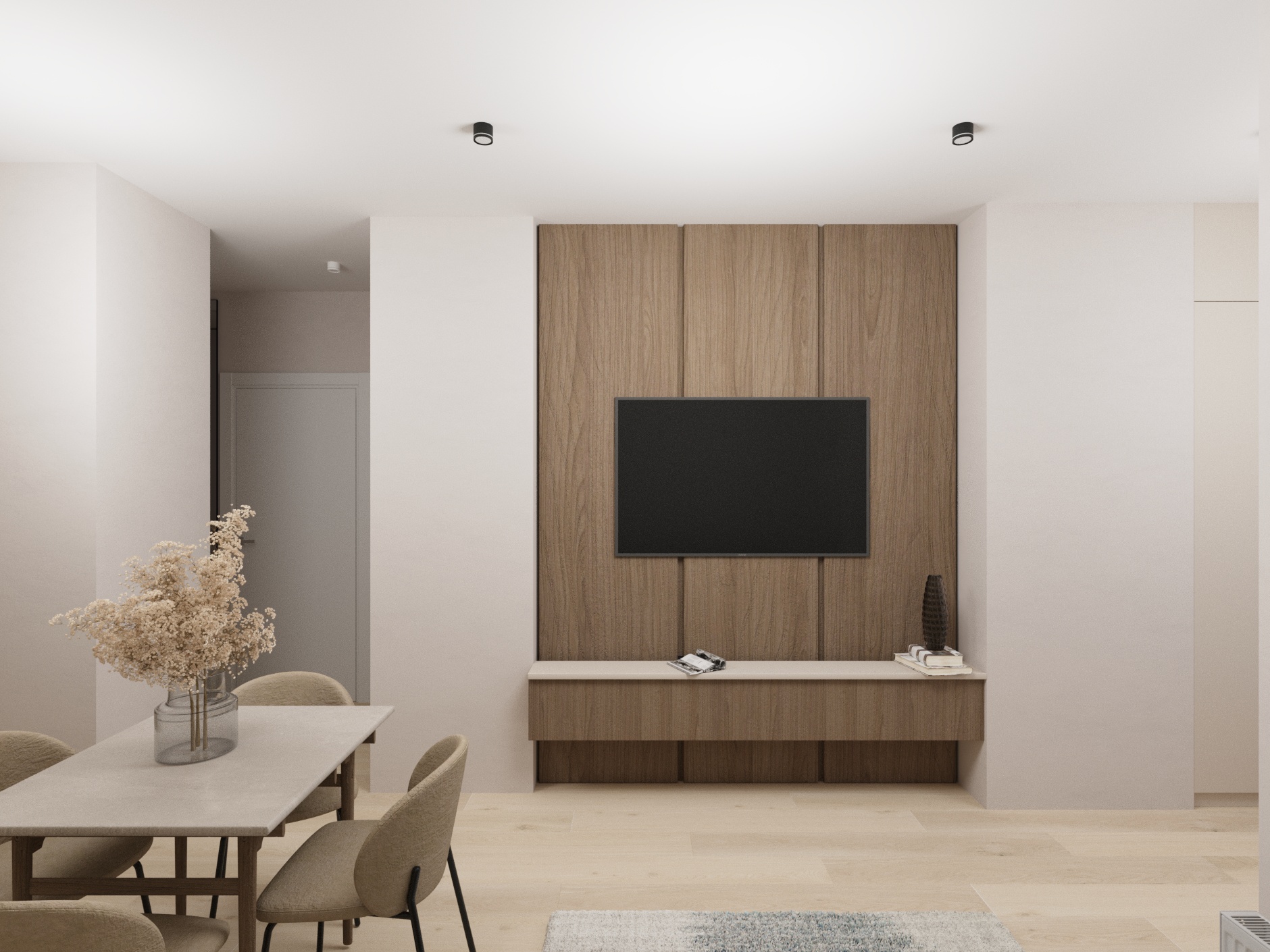 Фото Дизайн-проект двокімнатної квартири з кухнею-вітальнею та лоджією, підлаштованою під робочу зону. 