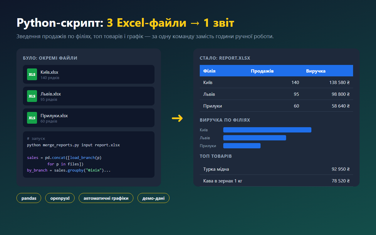 Фото Python-скрипт для автоматизації звітів: зводить Excel-файли кількох філій в один звіт з підсумками по виручці, топом товарів і графіком. Те, що вручну займало годину, робиться однією командою за секунди. pandas + openpyxl, демо-дані.