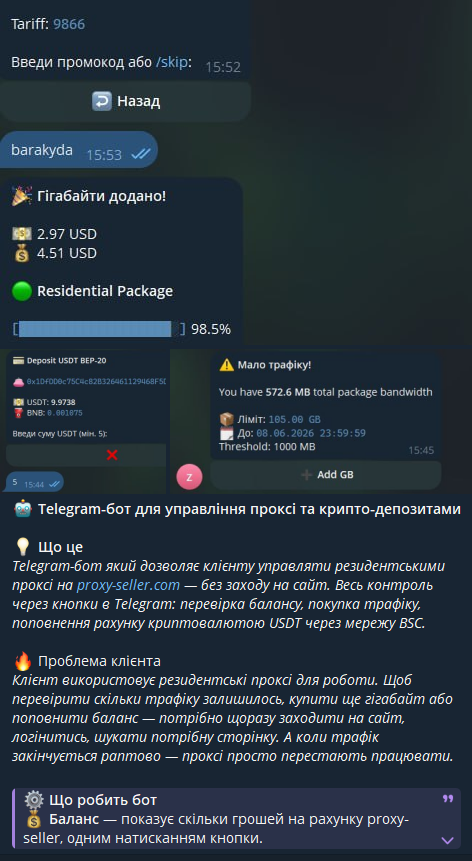 Фото Telegram-бот який дозволяє клієнту управляти резидентськими проксі на proxy-seller.com — без заходу на сайт. Весь контроль через кнопки в Telegram: перевірка балансу, покупка трафіку, поповнення рахунку криптовалютою USDT через мережу BSC. Термін виконання 1 день