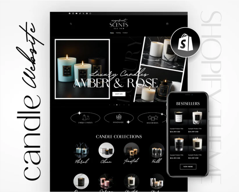 Фото Люксовий магазин свічок SCENTS - Shopify Theme
Розробив преміум тему для Shopify, спеціалізовану на ароматичних свічках та товарах для дому. Дизайн виконаний у темній елегантній стилістиці, що підкреслює розкішність продукції.
Ключові особливості:

Темна палітра з золотими акцентами для створення атмосфери розкоші
Акцент на колекції "AMBER & ROSE" з професійною фотографією
Структуровані категорії: Luxury Candles, Beginners, Wax Melts
Сезонні колекції: Hand, Clean, Frostel, Fall

Функціональність:

Секція "BESTSELLERS" з цінами та швидким замовленням
Адаптивний дизайн з оптимізованою мобільною версією
Зручна навігація по ароматичним категоріям
Інтеграція з платіжними системами

UX/UI рішення:

Атмосферна презентація товарів із свічками
Елегантна типографіка з рукописними елементами
Зручне відображення цін та товарів
Оптимізований checkout процес

Результат:
Створено платформу, яка ефективно продає luxury товари завдяки атмосферному дизайну та зручній функціональності.
