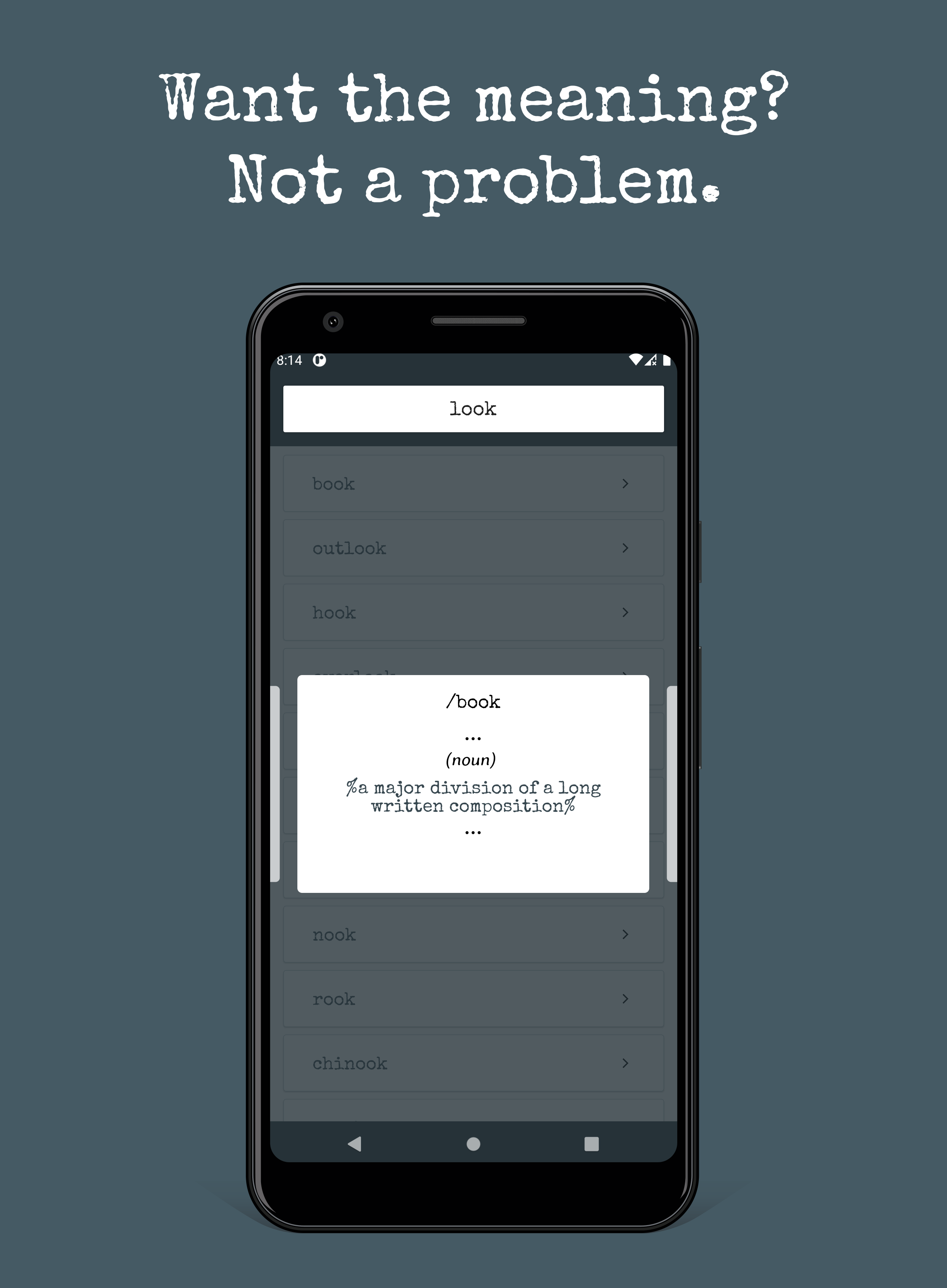 Фото Rhymenition – application to search for rhymes and subsequently display a definition of the selected word.

WebStorm, React Native.
https://play.google.com/store/apps/details?id=com.rhymenition_rn&hl=en
