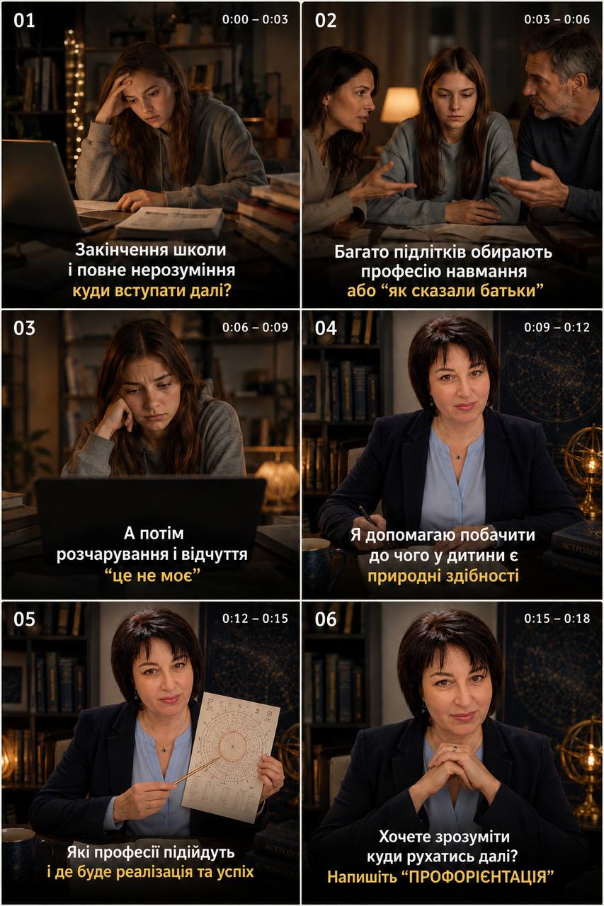 Фото 🌙 Розробила AI-сторіборд для рекламного ролика астрологині. Створила візуальну концепцію для просування послуг у соціальних мережах, анімувала головну героїню за референсною фотографією та згенерувала інших персонажів за допомогою AI.
