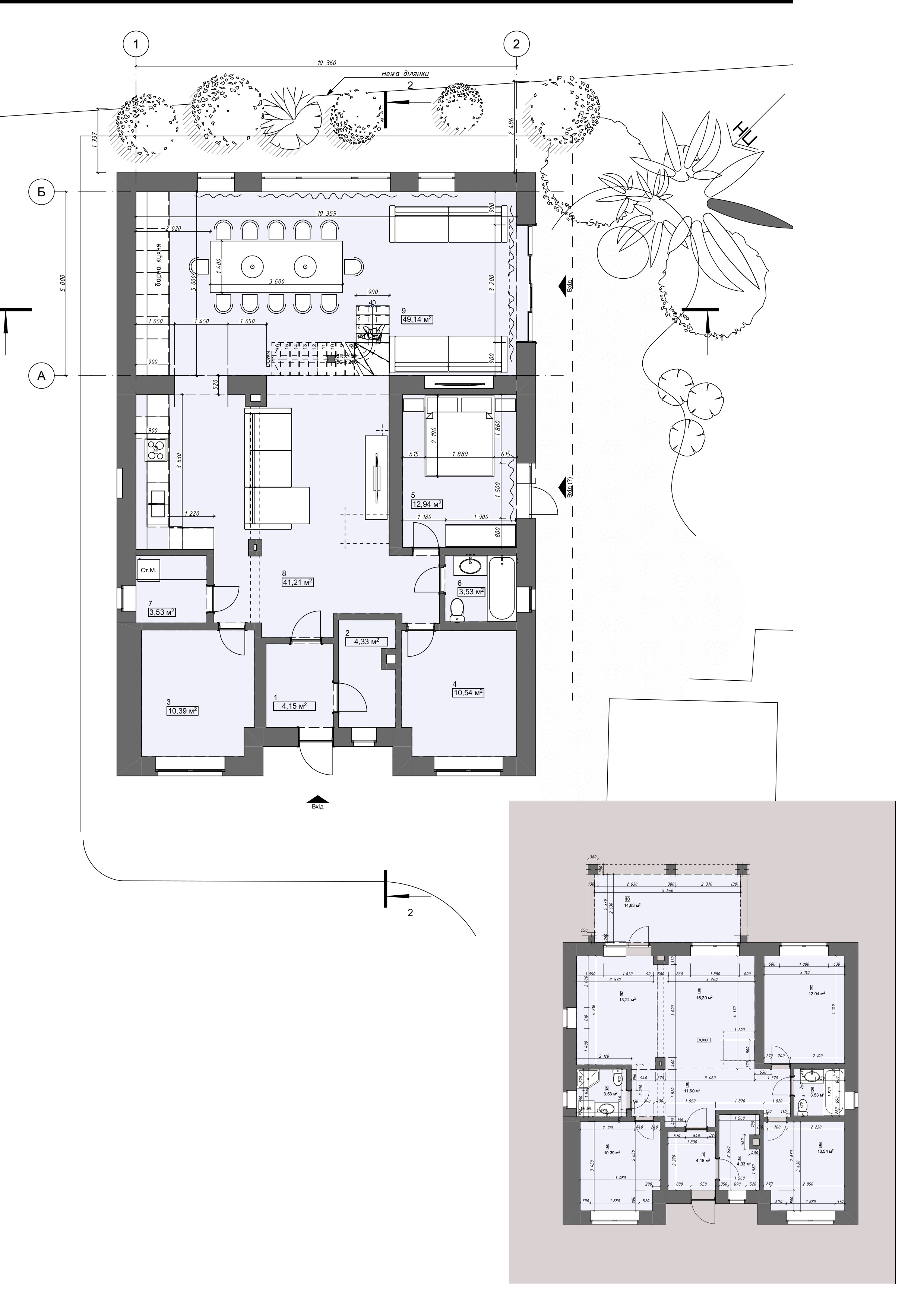 Фото Ця реконструкція передбачає сучасне оновлення приватного житлового будинку, з розширенням функціональності та покращенням просторової організації.

🔹 Перший поверх (основна зона):

Простора кухня-їдальня з вітальнею — об’єднаний open space з хорошим природним освітленням та виходом у двір.

Три ізольовані спальні забезпечують комфорт для мешканців.

Санвузол, гардеробна та комора — доповнюють функціональність.

Окрема кімната з робочим столом або гостьова кімната.

Передбачено тамбур і технічне приміщення, що покращує енергоефективність.

🔹 Реконструкція ландшафту:
Проектом враховано елементи благоустрою, зокрема озеленення, доріжки та декоративні насадження, що формують гармонійне середовище навколо будинку.

Цей проект є вдалим прикладом адаптації старої забудови до сучасних потреб, зберігаючи її структуру, але підсилюючи ергономіку та естетику.