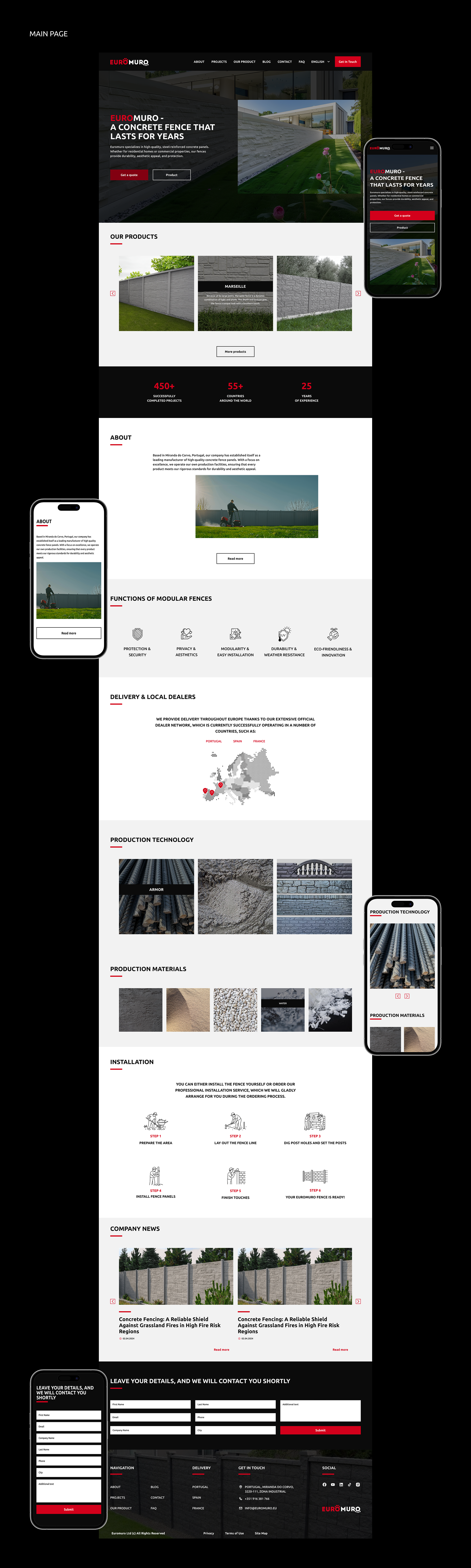 Фото Редизайн для сайту EUROMURO
Euromuro — бренд, що спеціалізується на високоякісних сталезалізобетонних панелях для житлових та комерційних об’єктів.

Задача: редизайн головної сторінки, створення каталогу продуктів та інтерактивного калькулятора.
Рішення: сучасний UI, мінімалізм у стилі, акцент на простоту навігації та зручність для користувача.
Результат: сайт став більш функціональним, стильним та зрозумілим для клієнтів.
