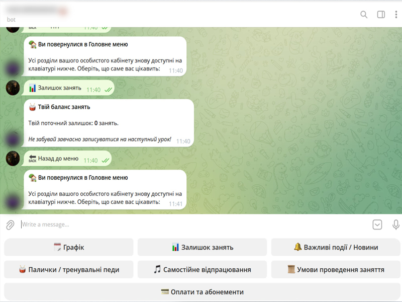 Фото Автоматизація клієнтського Telegram-бота для школи барабанів
Завдання: Створити бота для самостійного доступу клієнтів до розкладу, балансу та правил студії, щоб розвантажити адміністраторів.
Ключові можливості:
Динамічний баланс: JS-логіка аналізує історію транзакцій через Altegio API та миттєво виводить актуальний залишок занять за абонементом.
Розумний розклад: Хронологічне сортування майбутніх візитів. Бот виводить 5 найближчих занять, а решту динамічно підраховує та групує (наприклад, "➕ ще 3 заняття" з правильною граматикою).
Технічні деталі:
Вирішення Timezone: Кастомний скрипт парсингу дати й часу безпосередньо з текстових значень CRM для уникнення зсувів часових поясів (UTC) при стандартній конвертації.
💡 Результат: 100% синхронізація даних в реальному часі. Учні отримали зручний 24/7 доступ до інформації, а адміністраторів повністю звільнено від рутинних запитань про графік та залишки занять.