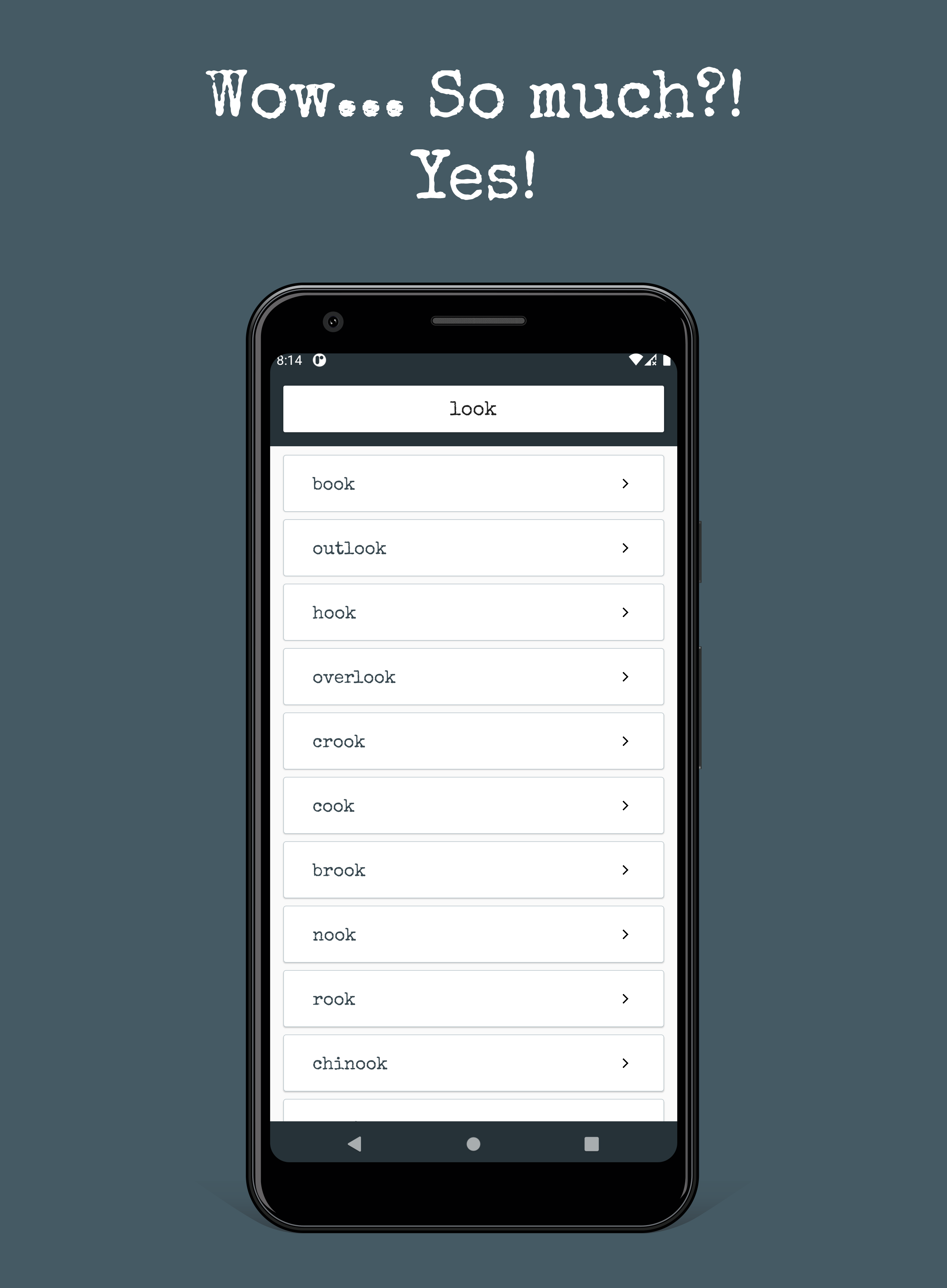 Фото Rhymenition – application to search for rhymes and subsequently display a definition of the selected word.

WebStorm, React Native.
https://play.google.com/store/apps/details?id=com.rhymenition_rn&hl=en
