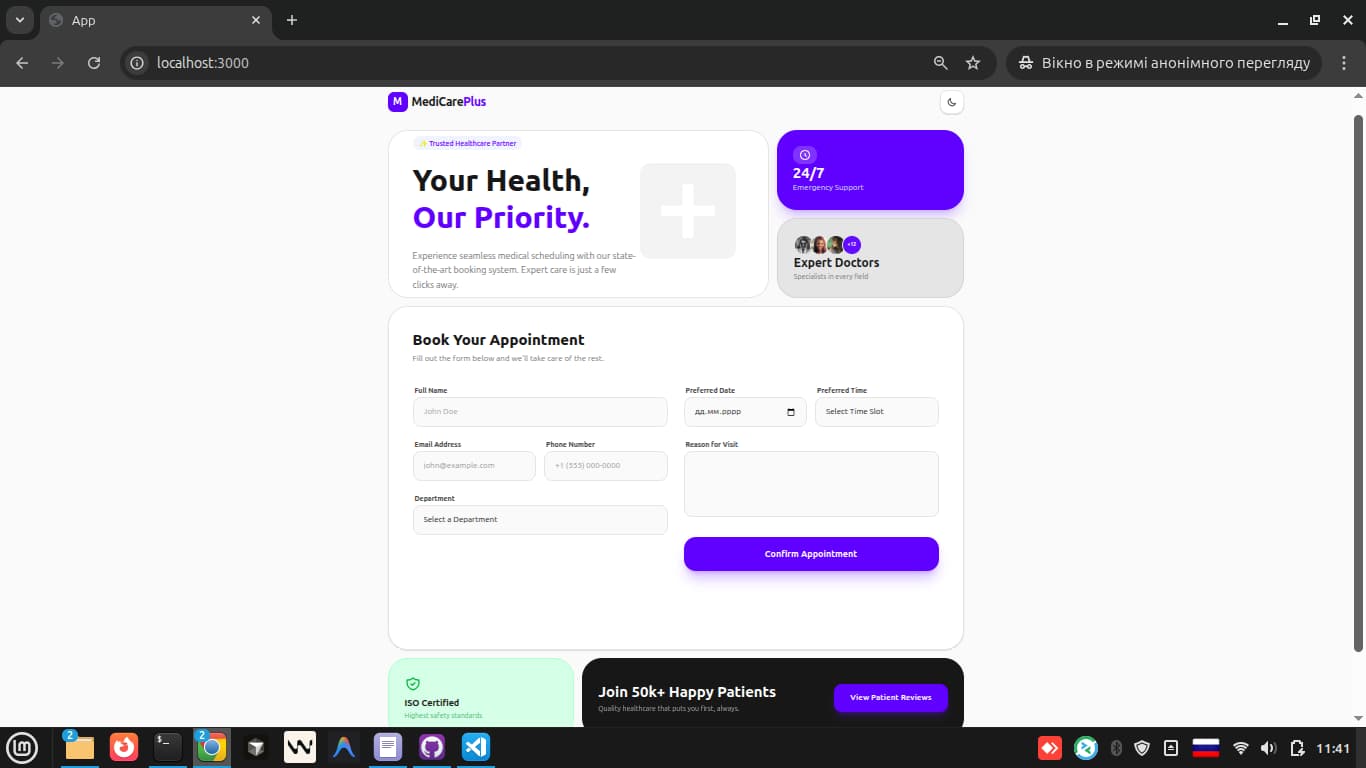 Фото Сучасна форма бронювання для медклініки у стилі Bento.
Технології: React.js, Next.js, TypeScript, HTML/CSS/JavaScript.
Сайт для перегляду: https://medical-page-five.vercel.app/