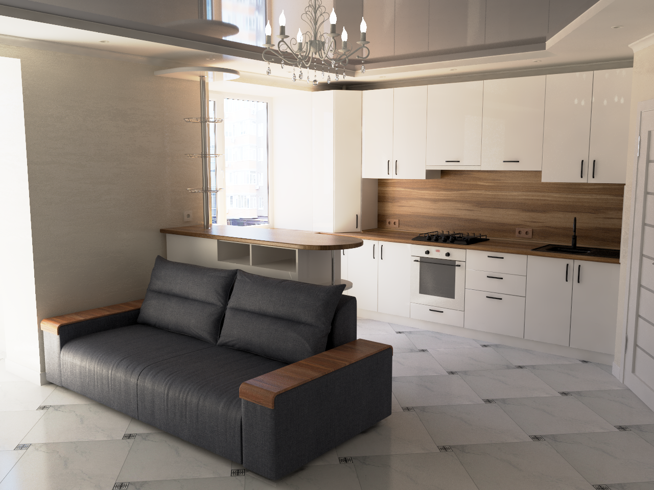 Фото 3D моделювання та візуалізація кухні в інтер'єрі. Підбір кольорів фасадів та комплектуючих для кухні під замовника.