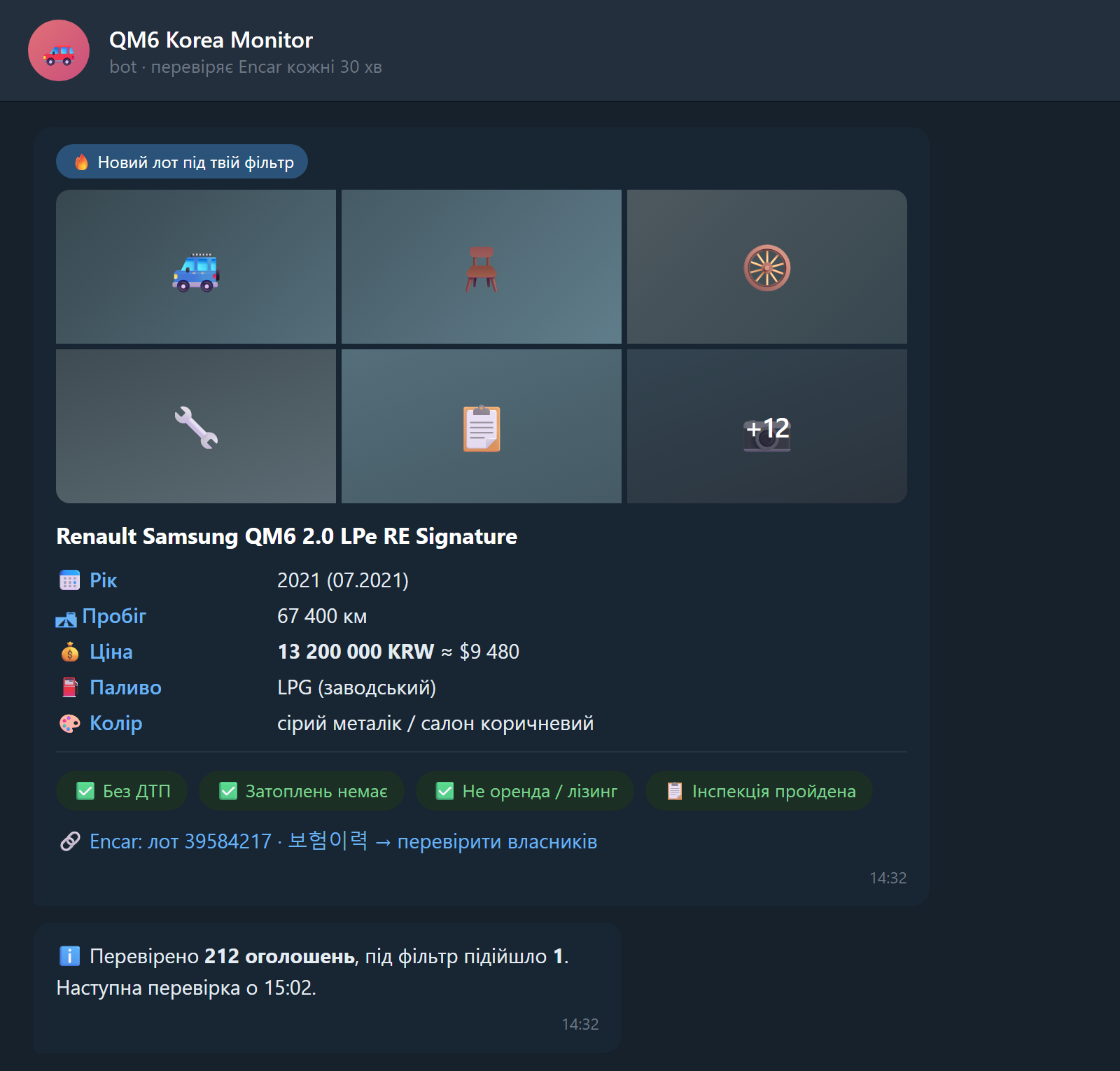 Фото Telegram-бот моніторингу корейського авто-маркетплейсу Encar: реверс 4 непублічних API, фільтр на 10 критеріїв + автоматичне відсіювання авто з ДТП, затопленням чи орендним минулим. Клієнт дивиться 1-2 відібрані авто на день замість 200+ оголошень. Python, httpx, aiogram, SQLite; працює 24/7 на VPS.