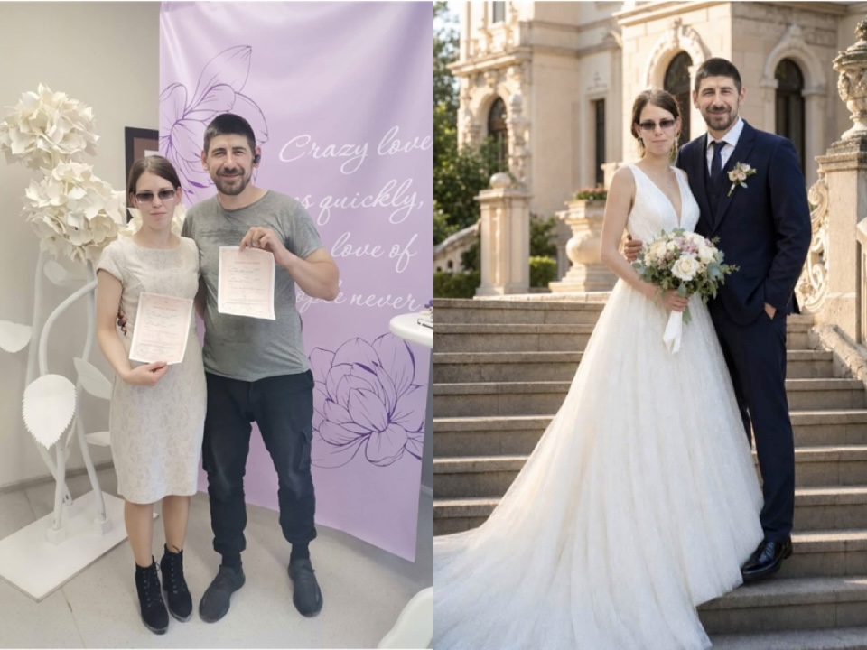 Фото Обробку фотографії: змінено повсякденний одяг на весільний образ, додано святкове вбрання, замінено фон на урочисту локацію, покращено освітлення та загальну атмосферу зображення. Виконано реалістичне поєднання деталей для створення весільного портрета.