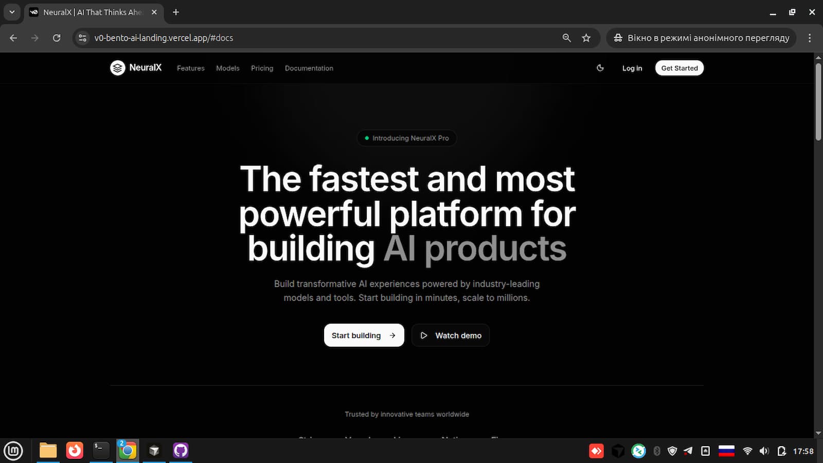 Фото Сучасна Landing page для АІ-стартапу у стилі Bento (візуал як для IPhone) 
Технології: React.js , Next.js , TypeScript , HTML/CSS/JavaScript
Сайт для перегляду: https://v0-bento-ai-landing.vercel.app/