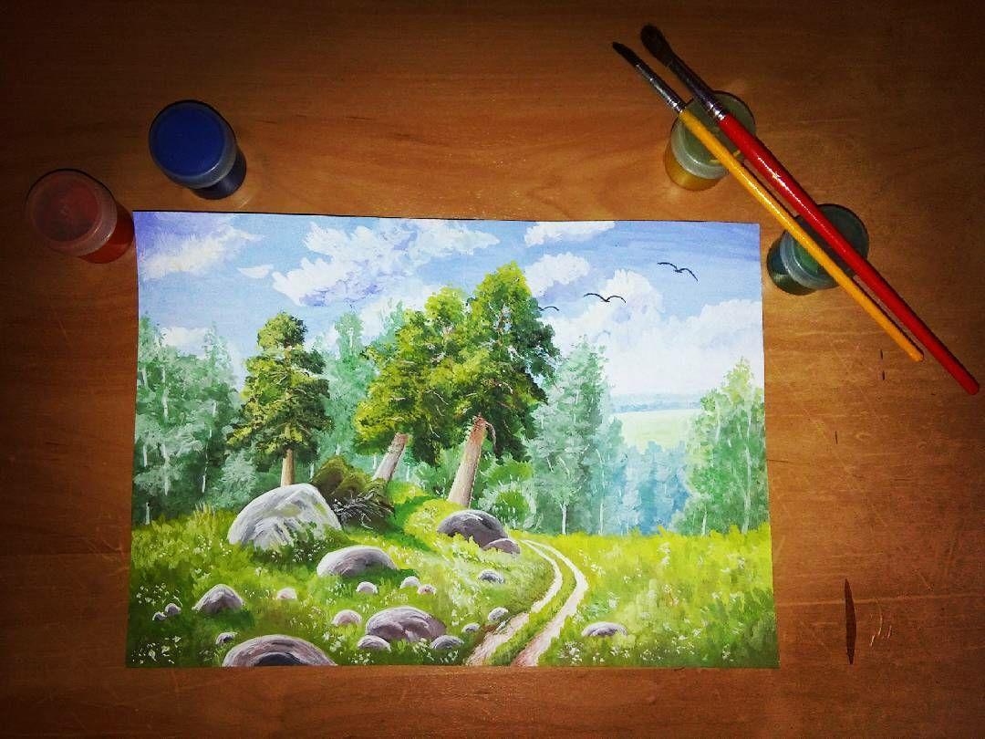 Фото Летний пейзаж, живопись (гуашь), формат - А4