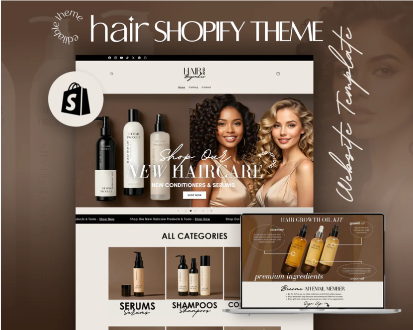 Фото Hair Care магазин засобів для волосся LUXUR - Shopify Theme
Розробив спеціалізовану тему для Shopify, орієнтовану на преміум засоби для догляду за волоссям. Дизайн виконаний у світлій натуральній палітрі з акцентом на якість та ефективність продукції.
Ключові особливості:

Світла бежево-коричнева гама для підкреслення натуральності
Професійна фотографія з моделями різних типів волосся
Акцент на "NEW HAIRCARE" колекції з кондиціонерами та сироватками
Детальна презентація "HAIR GROWTH OIL KIT" з преміум інгредієнтами

Функціональність:

Структуровані категорії: SERUMS, SHAMPOOS, CONDITIONERS
Секція з детальним описом складу продуктів
Адаптивний дизайн для всіх пристроїв
Зручна навігація по product collections

UX/UI рішення:

Мінімалістичний дизайн з фокусом на продукти
Інформативні блоки про переваги інгредієнтів
Елегантна типографіка та зручна навігація
Оптимізована конверсійна структура
