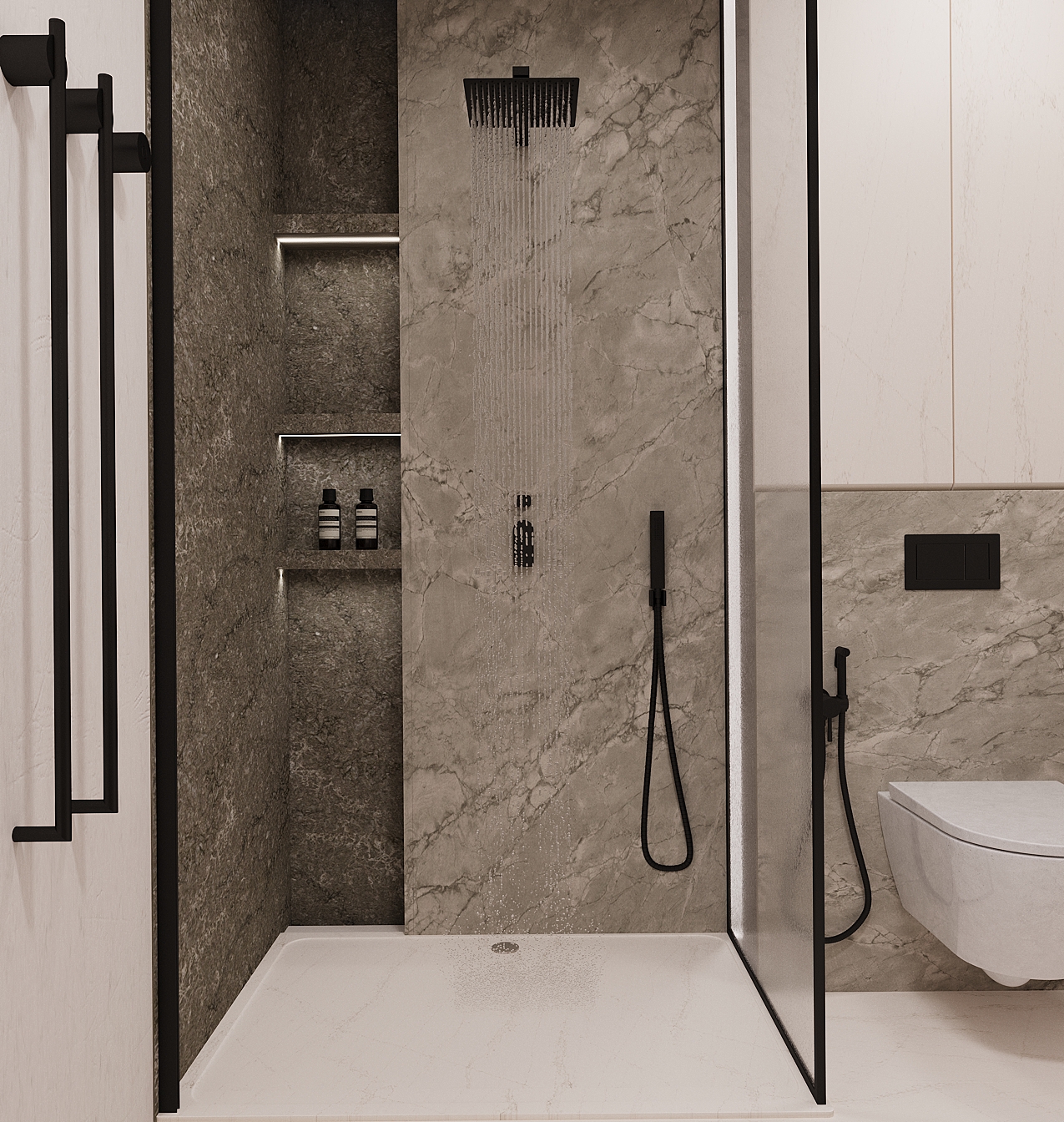 Фото 🛁 3D-візуалізація душової кімнати в стилі мінімалізм
Фотореалістична візуалізація душової зони з використанням натуральної текстури каменю та контрастної сантехніки. Проєкт створено для демонстрації стриманого, але естетичного інтер’єру з акцентом на текстури й освітлення.

🔹 Особливості візуалізації:

Реалістична передача матеріалів: мармур, матове скло, чорний метал

Вбудовані ніші з підсвіткою

Мінімалістичний піддон і сучасна сантехніка

Увага до деталей: від натягу душових шлангів до ефекту падаючої води

🛠️ Програми: 3ds Max + Corona Render + Photoshop

Цей проєкт демонструє мої вміння працювати з фактурами, освітленням і композицією. Ідеально підходить для дизайнерів, які цінують чистоту форм і функціональність.

