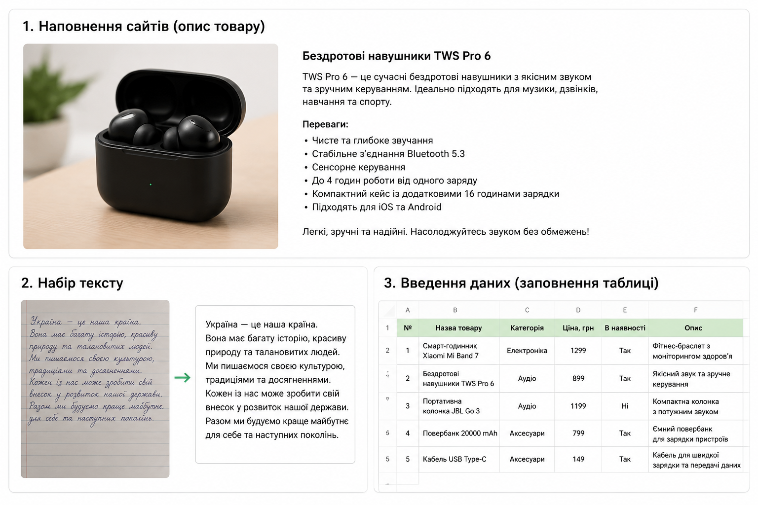 Фото Виконую набір тексту з фото, сканів, документів та інших матеріалів. Уважно переношу інформацію без зайвих помилок, перевіряю готовий текст перед здачею та дотримуюся встановлених термінів. Працюю українською та російською мовами. Готовий виконати невелике тестове завдання та швидко приступити до роботи.