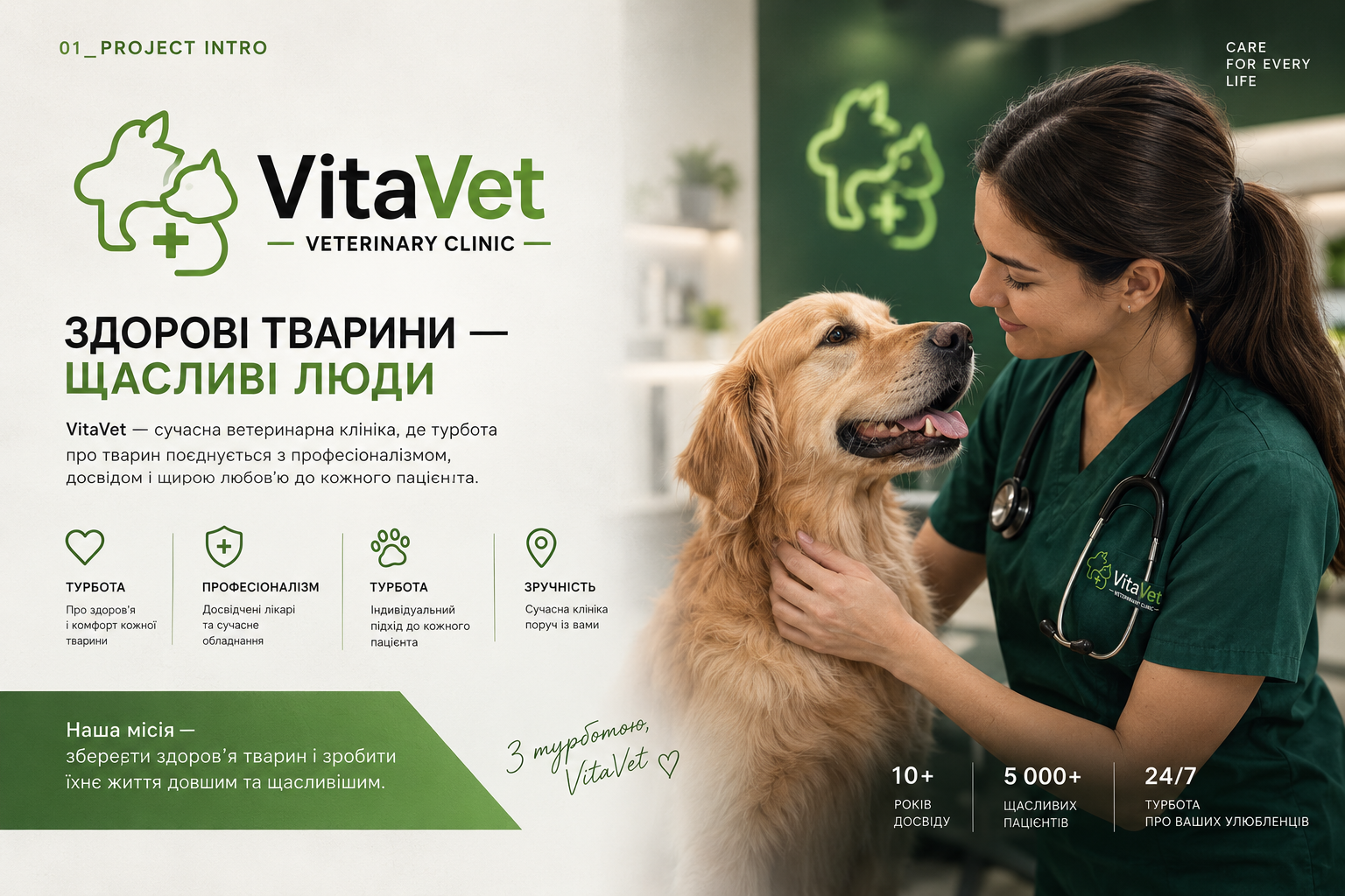 Фото Розробка логотипу для ветеринарної клініки. Створення дружнього та професійного образу бренду, опрацювання знаку й типографіки. Час роботи — близько 4 годин.
