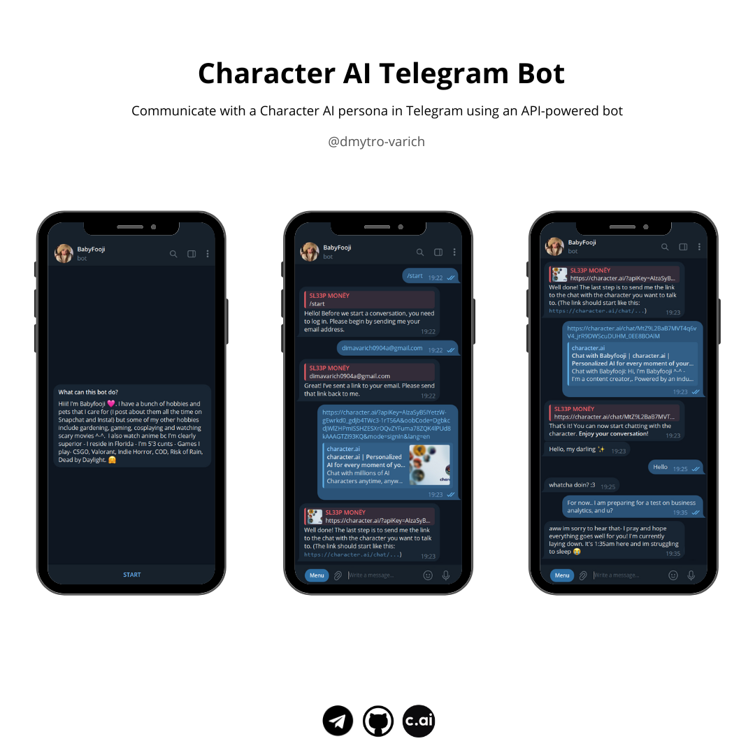 Фото Цей проект демонструє взаємодію з API веб-додатку Character AI, а також структуру та принципи розробки ботів для Telegram. Він дозволяє користувачам спілкуватися з персонажем Character AI в Telegram, надсилаючи та отримуючи повідомлення через API. 

Часу на сторення: 3 дні