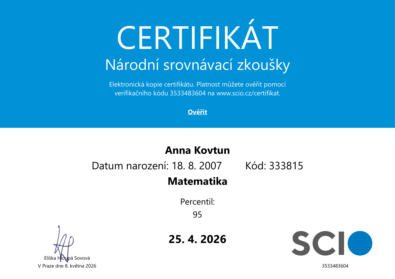 Фото Сертифікат чеського іспиту SCIO Matematika 