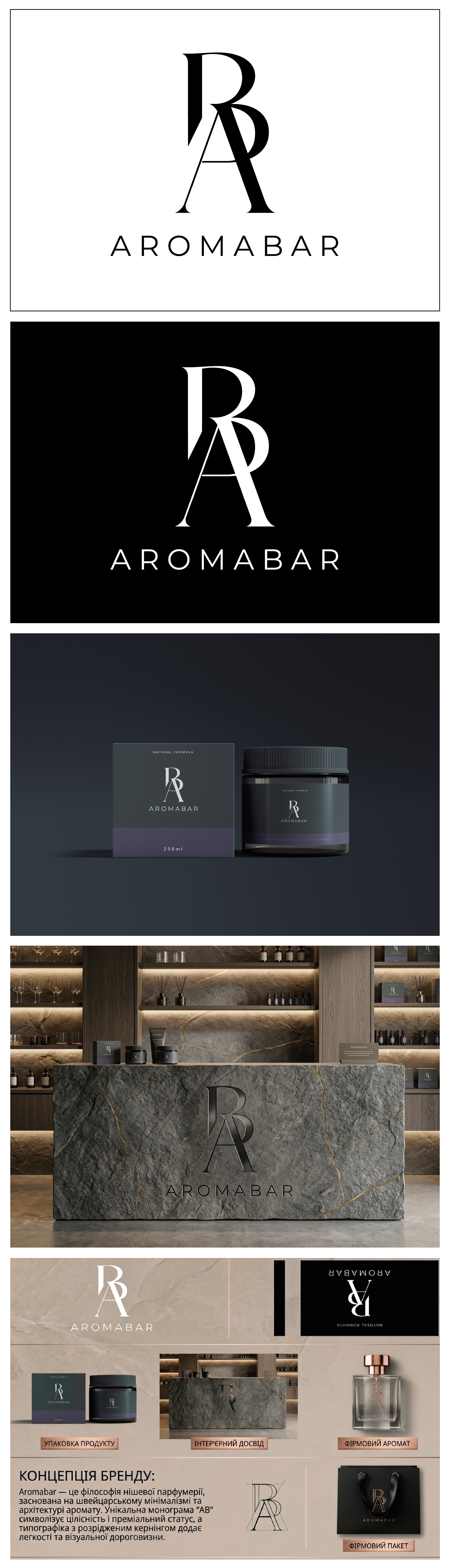 Фото В межах проєкту для бренду нішевої парфумерії «Aromabar» було розроблено концептуальний логотип, що втілює філософію швейцарського мінімалізму та архітектурної витонченості ароматів.

Ключові особливості рішення:

Унікальна монограма «AB»: Символізує цілісність, преміальність та статусність бренду.

Типографіка: Використано розріджений кернінг, що додає візуальної легкості, «повітря» та дороговизни дизайну.

Адаптивність: Логотип гармонійно інтегрований у різні формати — від етикетки продукту та фірмового пакета до інтер’єрної вивіски на камені.

Результат:
Створено цілісний візуальний образ, який підкреслює преміальний сегмент бренду та виглядає сучасно на будь-яких носіях.