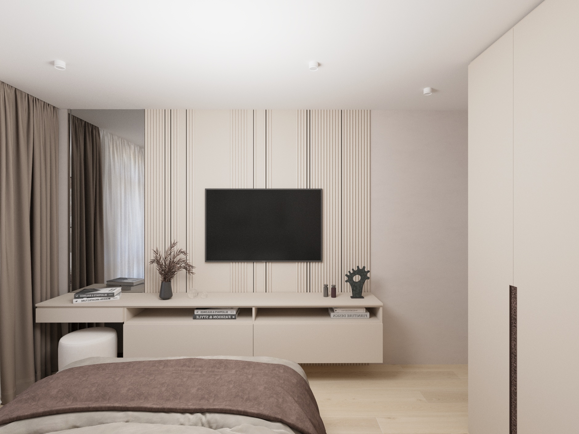 Фото Дизайн-проект двокімнатної квартири з кухнею-вітальнею та лоджією, підлаштованою під робочу зону. 