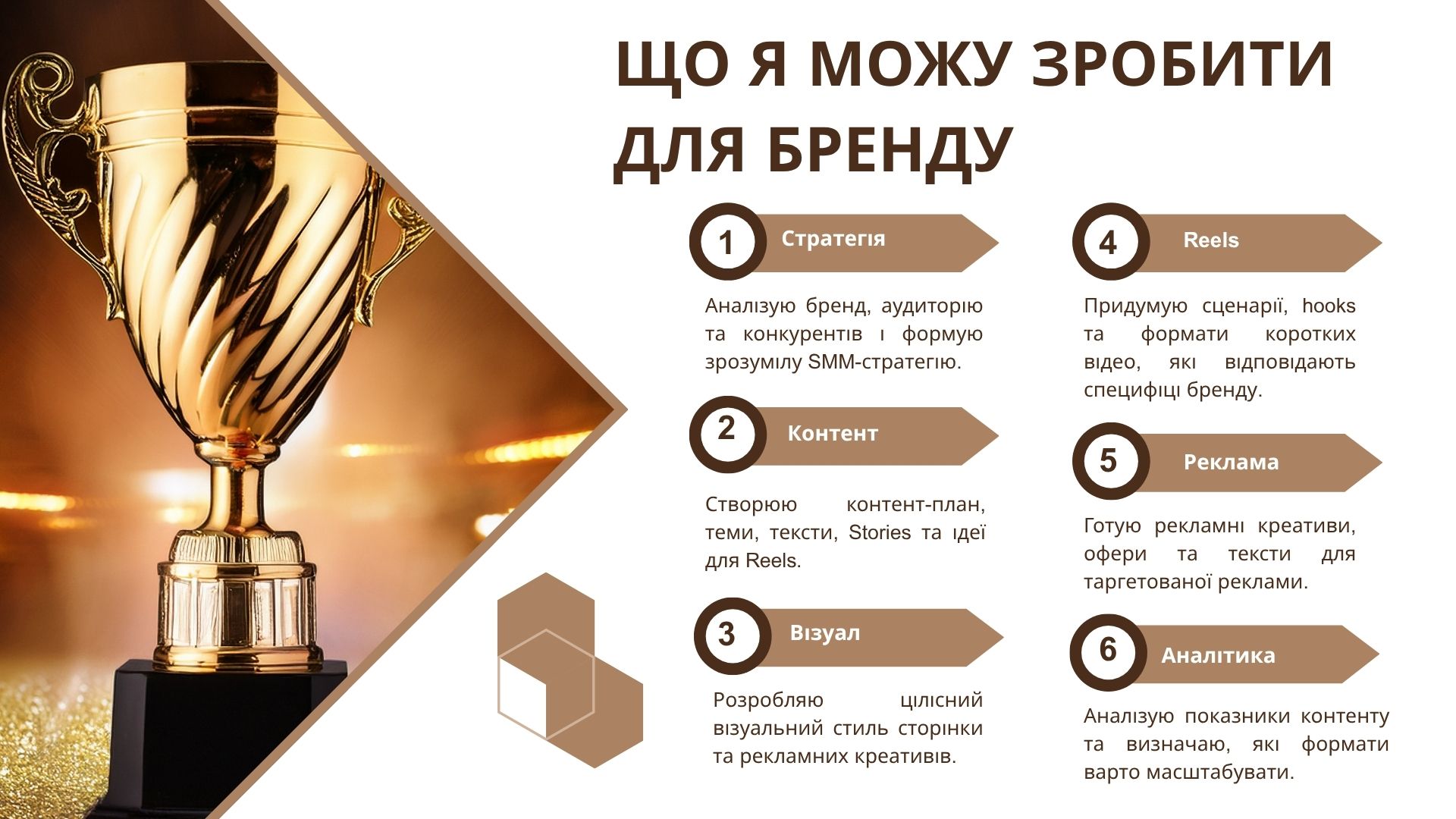 Фото Аналізую бренд, аудиторію та конкурентів і формую зрозумілу SMM-стратегію.
Створюю контент-план, теми, тексти, Stories та ідеї для Reels.
Розробляю цілісний візуальний стиль сторінки та рекламних креативів.
Придумую сценарії, hooks та формати коротких відео, які відповідають специфіці бренду.
Готую рекламні креативи, офери та тексти для таргетованої реклами.
Аналізую показники контенту та визначаю, які формати варто масштабувати.

