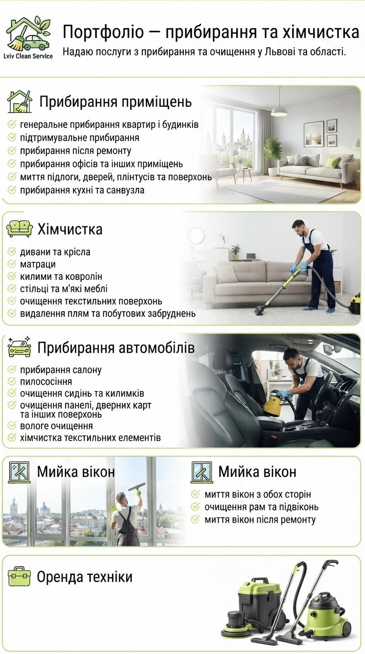 Фото Прибирання приміщень, хімчистка, прибирання автомобілів, мийка вікон, оренда техніки.