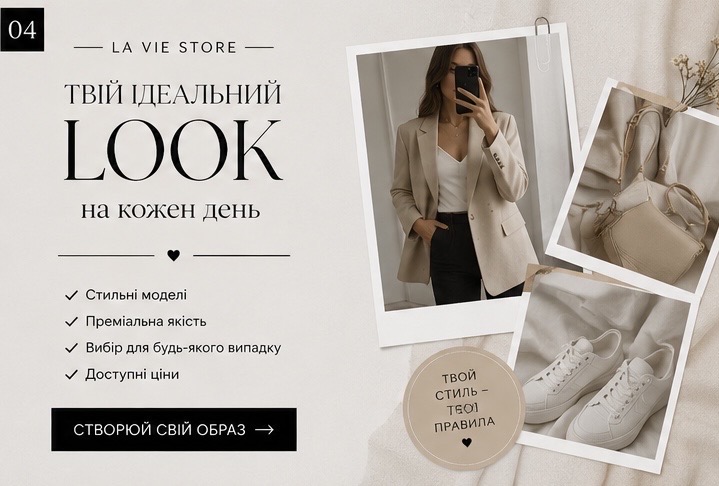Фото Створення lifestyle-контенту для демонстрації одягу в повсякденних образах. Текст акцентує увагу на універсальності речей, стилі, якості та можливості створити власний образ.