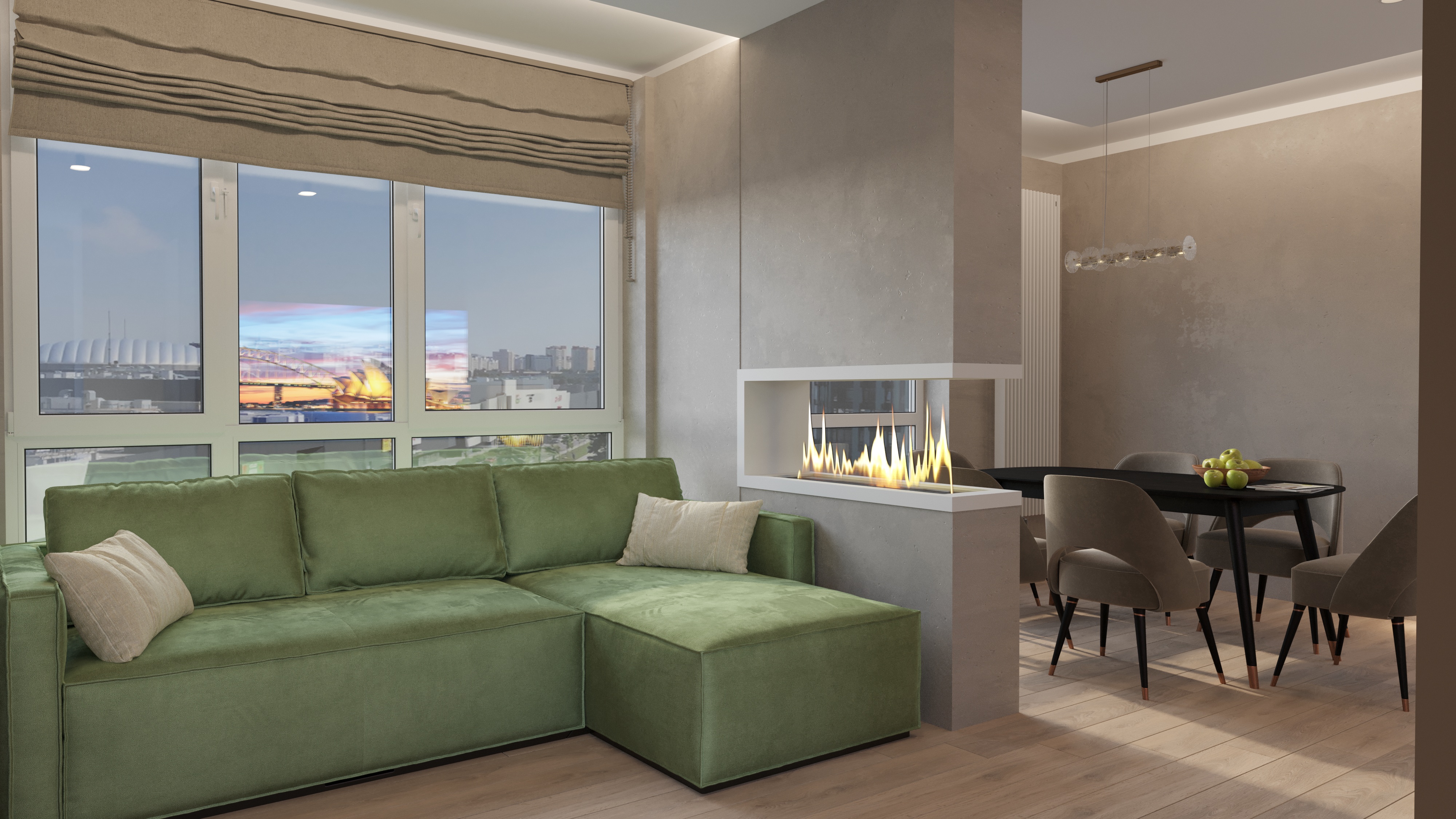 Фото Візуалізація вітальні з біокаміном