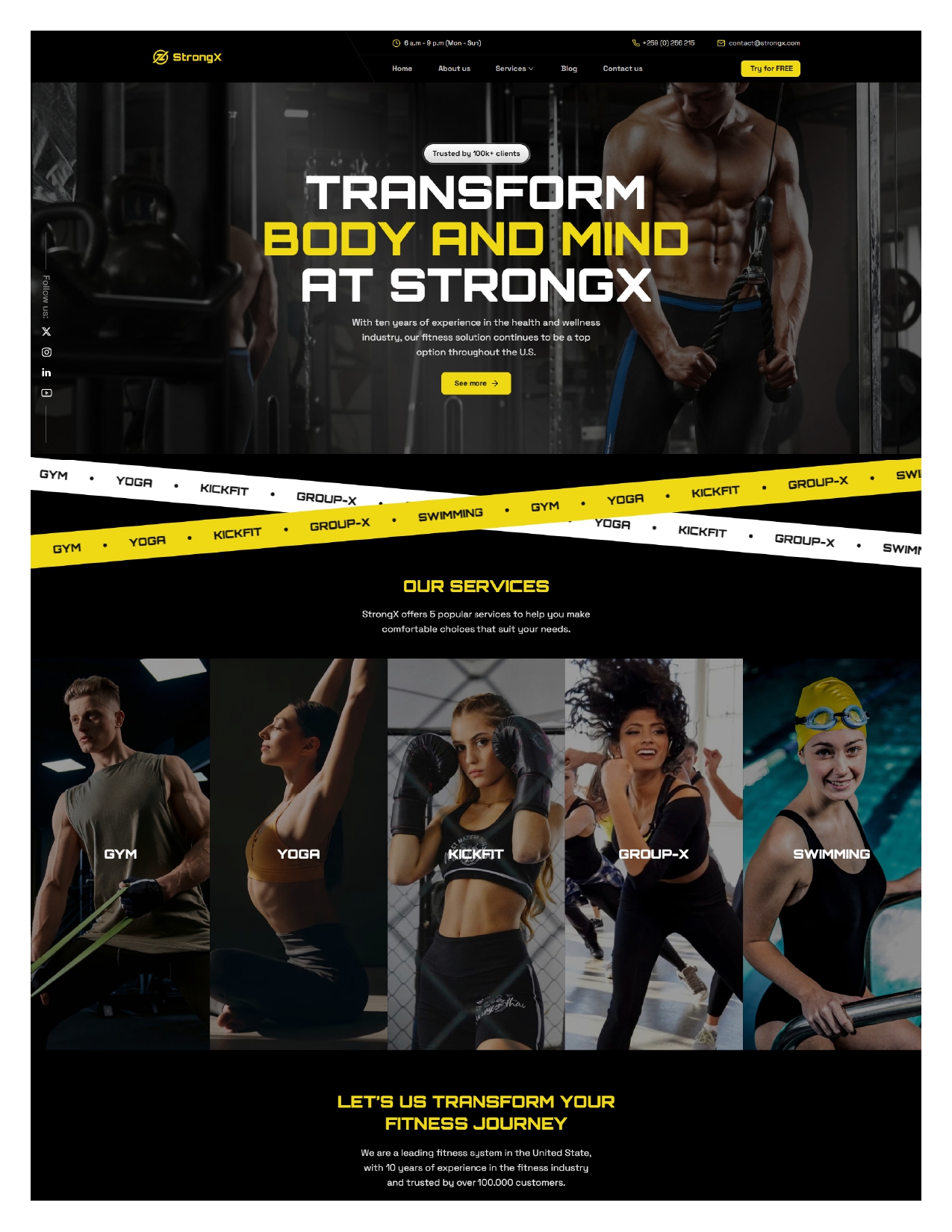 Фото Фітнес-центр StrongX - WordPress Website
Розробив сучасний веб-сайт для фітнес-центру StrongX з фокусом на комплексні тренування та трансформацію тіла. Дизайн виконаний у спортивній стилістиці з потужними візуальними елементами.
Ключові особливості:

Темна палітра з яскравими жовтими акцентами для енергійності
Мотиваційний слоган "TRANSFORM BODY AND MIND AT STRONGX"
Професійна фотографія атлетів у реальному спортивному середовищі
Соціальне підтвердження "Trusted by 100k+ clients"

Функціональність:

Детальна презентація послуг: GYM, YOGA, KICKFIT, GROUP-X, SWIMMING
Динамічна анімація з рухомими елементами брендингу
CTA кнопки для безкоштовного пробного заняття
Адаптивний дизайн для всіх пристроїв

UX/UI рішення:

Висококонтрастний дизайн для максимального впливу
Зручна навігація по всіх видах тренувань
Емоційна подача контенту через lifestyle фотографії
Оптимізована конверсійна структура