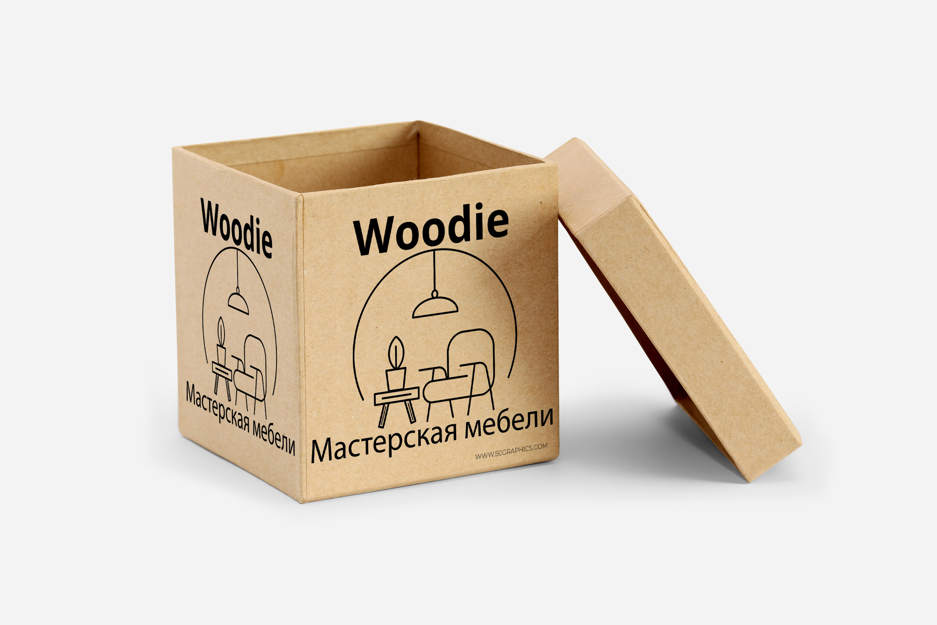 Фото Woodie - компания изготавливает мебель и предметы декора индивидуально для каждого клиента, а минималистический логотип сразу передает суть компании