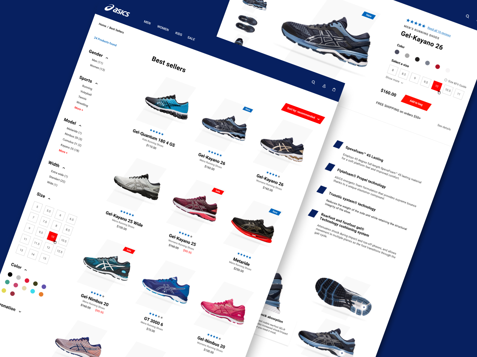 Фото Дизайн интернет-магазина кроссовок Asics. Страница каталога и страница товара.